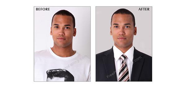 Photo manipulation to change casual clothes to business suit