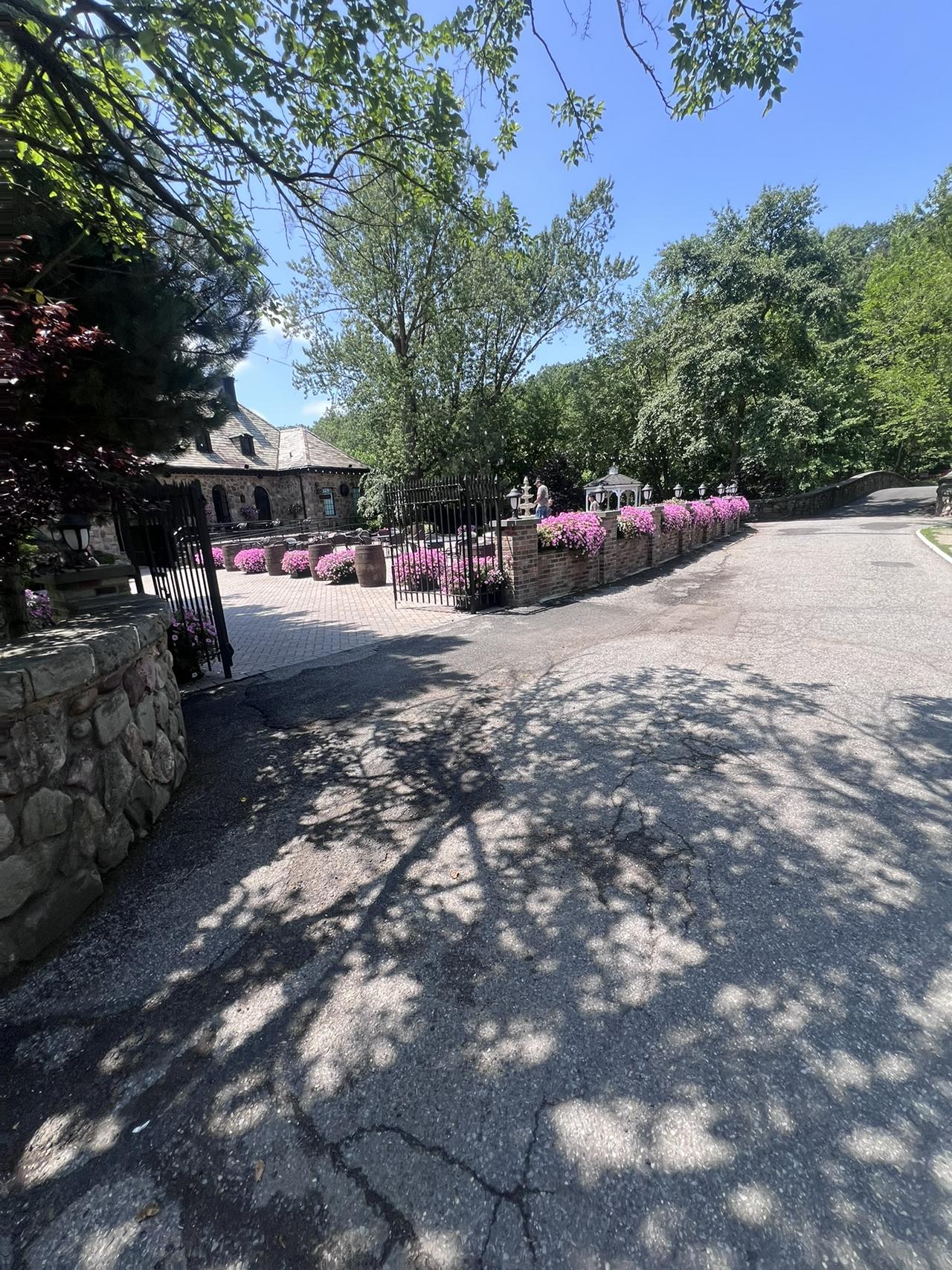 Flowers outside stone house