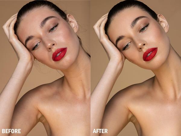 beige red lips before after