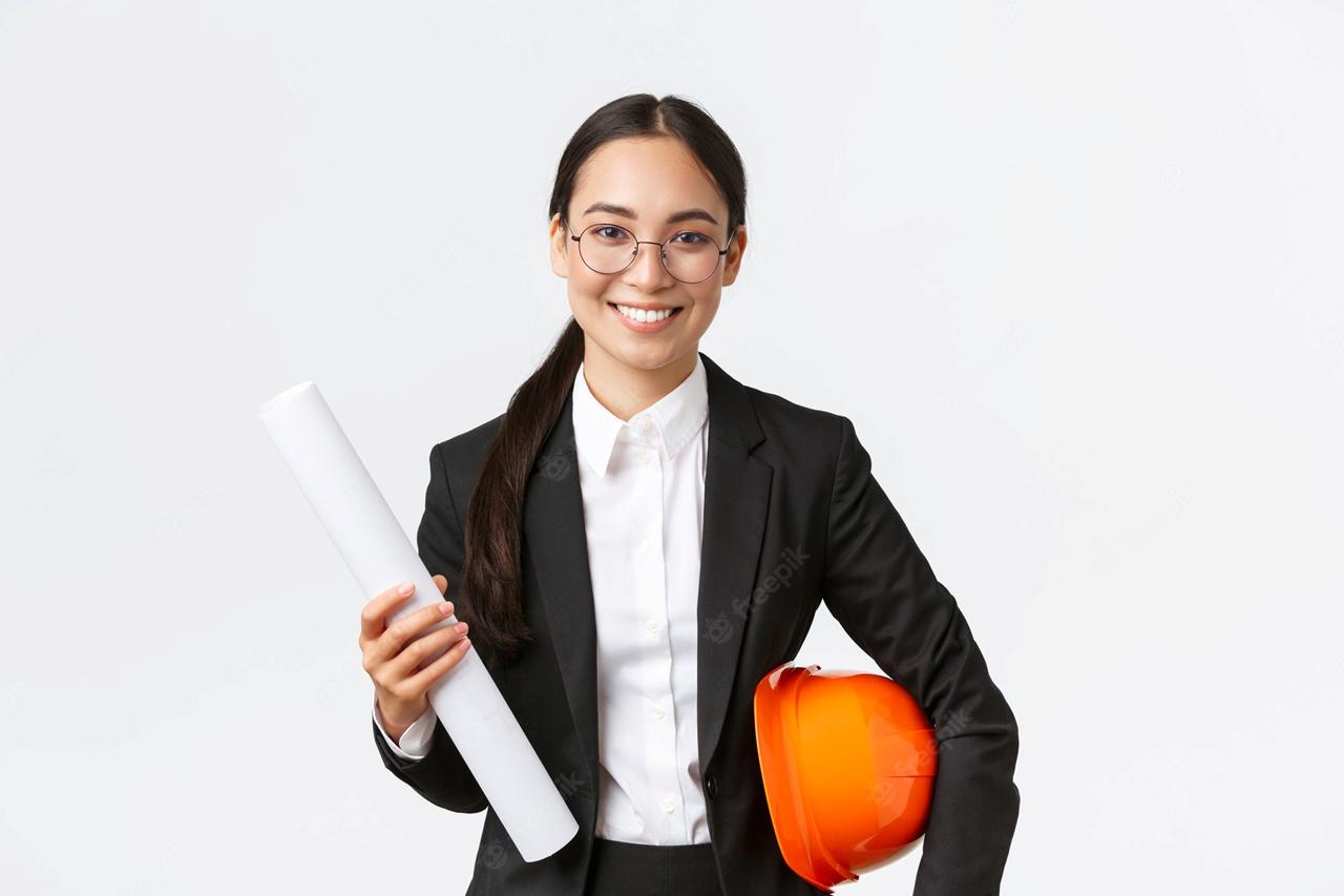 Photo smiling-professional-asian-female-architect-business-suit-glasses-carry-blueprints-home-design-safety-helmet-engineer-introduce-her-project-enter-construction-area-white-background_1258-62949  edited by tricia mae n. - Phowd