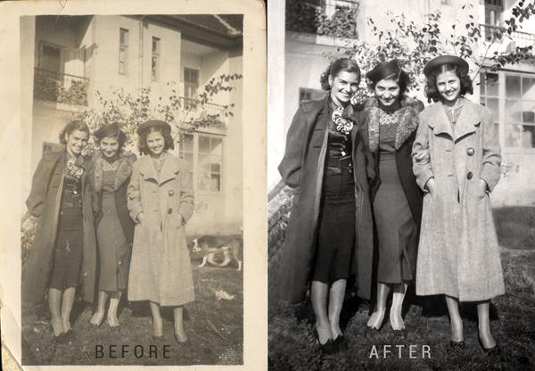 Old photo restoration - Before and after. Young ladies of 1930s.
